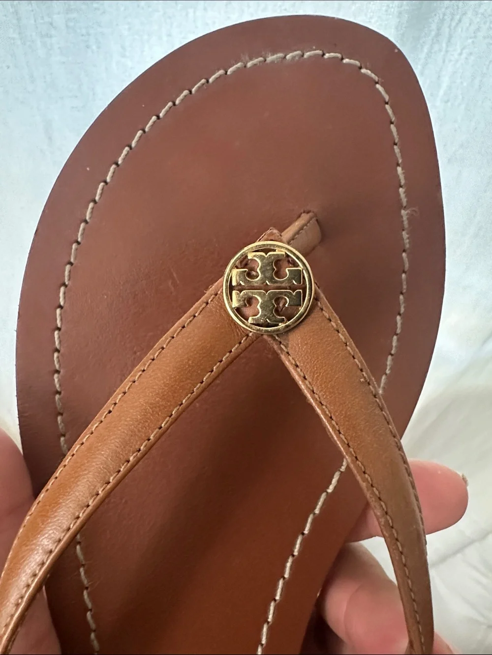 Tory Burch Brown Leather Logo Terra Thong Sandals with Gold Emblem 11 EUC